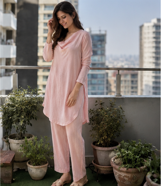 Rose Drape — Silk Coord Set with Cutwork Back