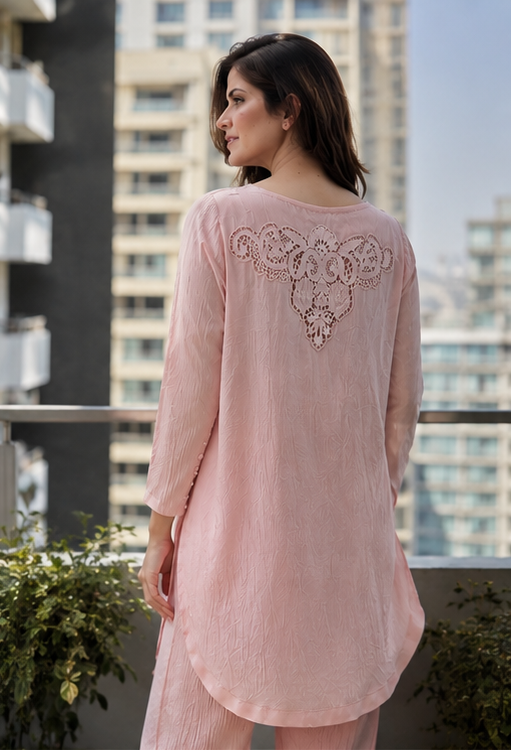 Rose Drape — Silk Coord Set with Cutwork Back